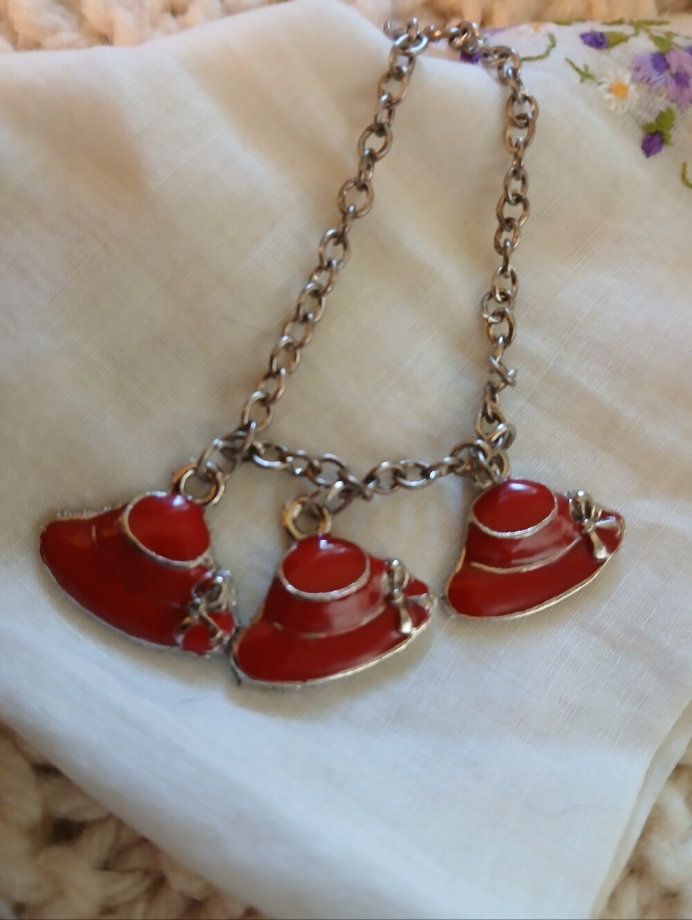 Vintage Red Enamel Red Hats Charm Bracelet 7"